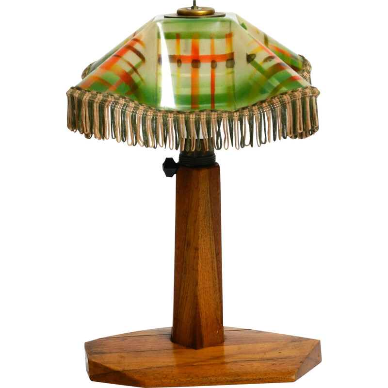 Lampada da tavolo vintage in teak e plastica colorata, 1950