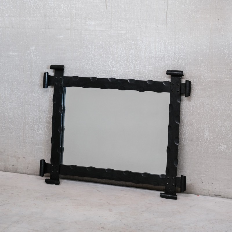 Brutalist vintage French iron mirror, 1980s