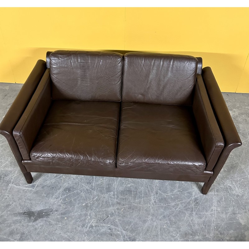 Danish vintage 2 seater brown leather sofa, 1960s