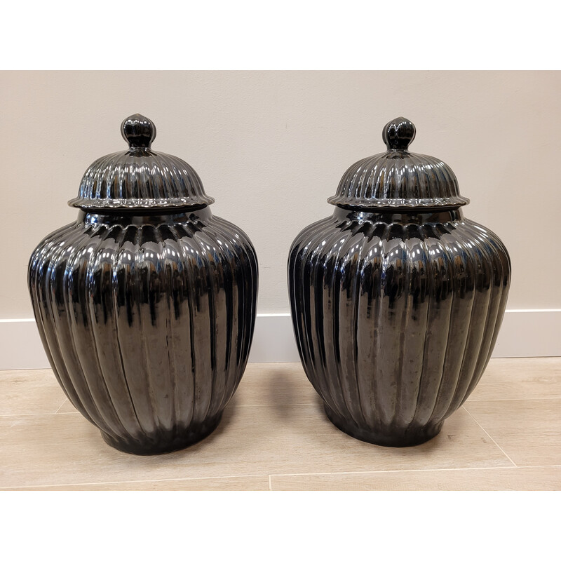 Pair of vintage tibores in black ceramic, Italy