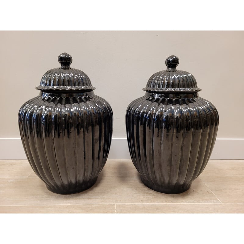 Pair of vintage tibores in black ceramic, Italy