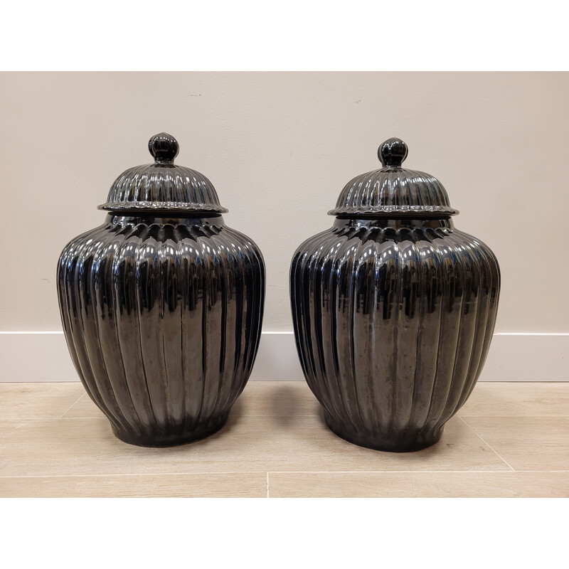 Pair of vintage tibores in black ceramic, Italy