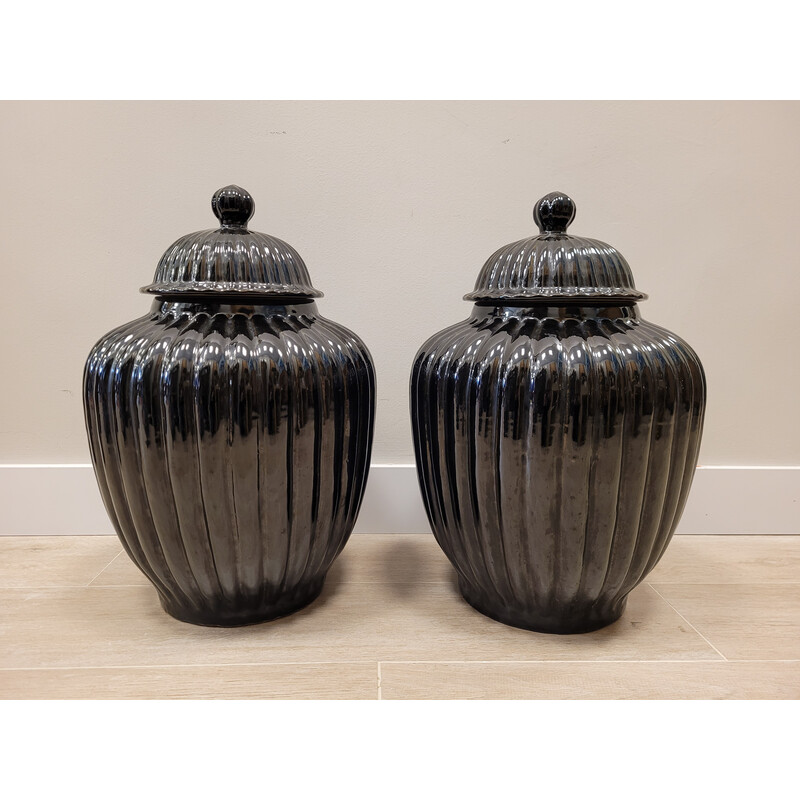 Pair of vintage tibores in black ceramic, Italy