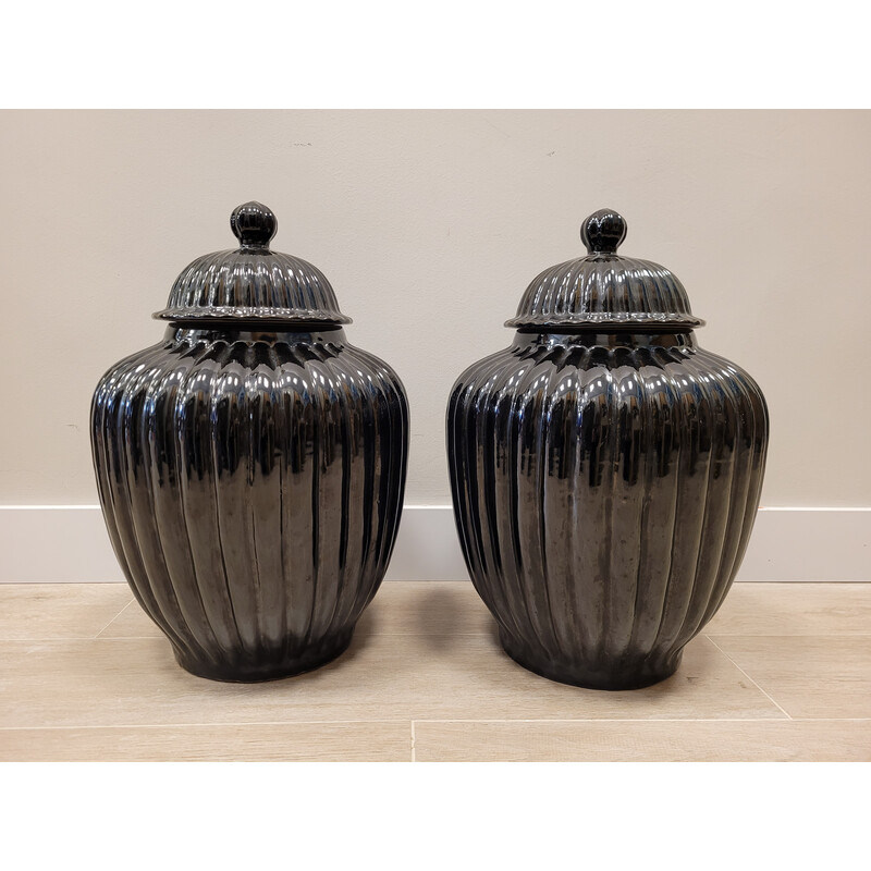 Paire de tibores vintage en céramique noire, Italie