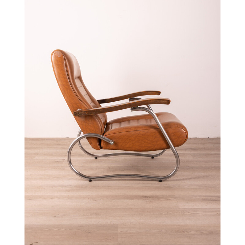 Paire de fauteuils inclinables vintage en bois et cuir, 1940