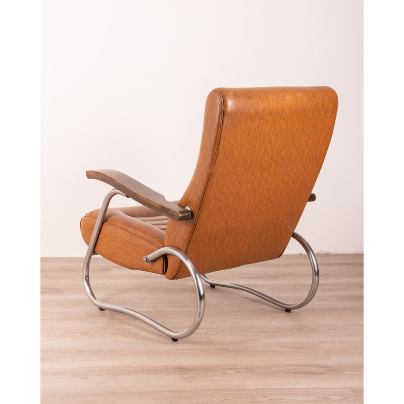 Paire de fauteuils inclinables vintage en bois et cuir, 1940