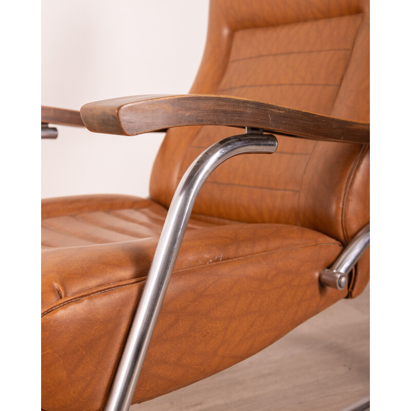 Pair of vintage wooden and leather reclining armchairs, 1940s