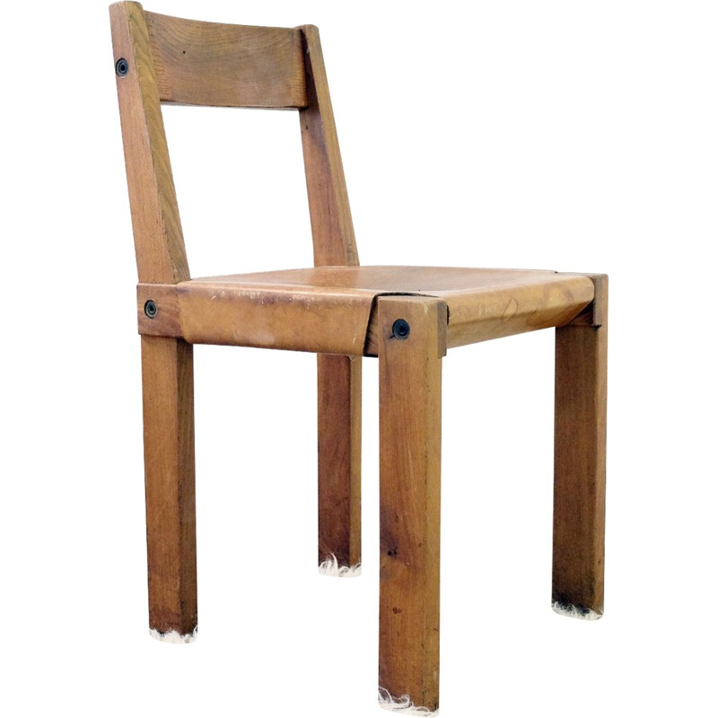 Suite de 4 chaises en frêne et cuir de Pierre Chapo - 1960