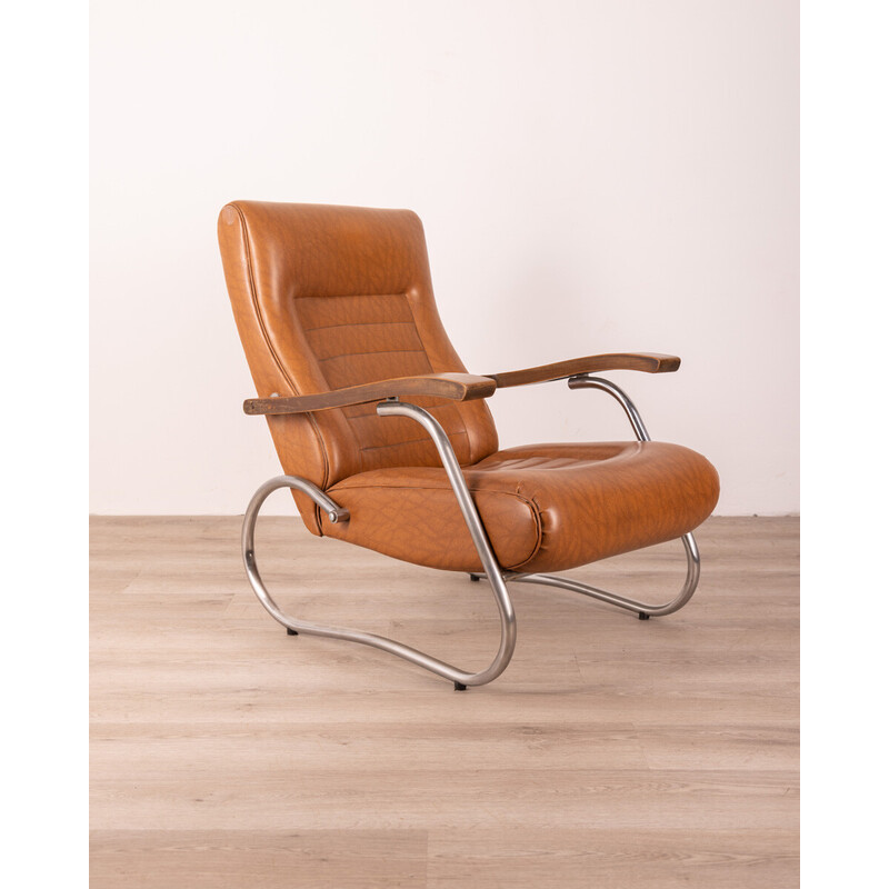 Pair of vintage wooden and leather reclining armchairs, 1940s