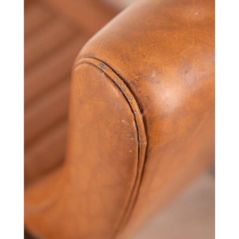 Pair of vintage wooden and leather reclining armchairs, 1940s