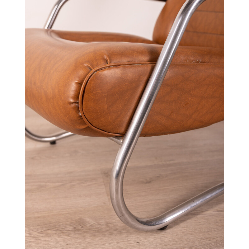 Pair of vintage wooden and leather reclining armchairs, 1940s