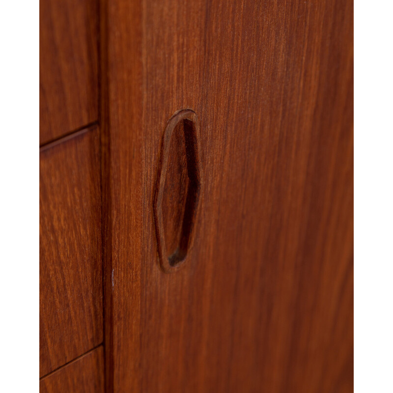 Vintage teak wood sideboard with five drawers and four sliding doors