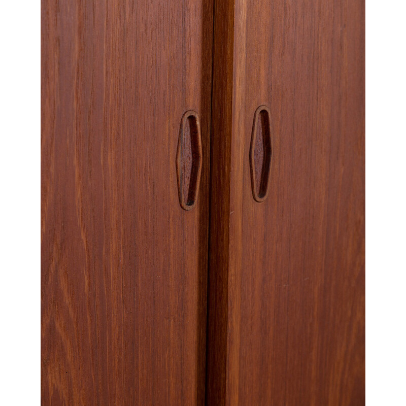 Vintage teak wood sideboard with five drawers and four sliding doors