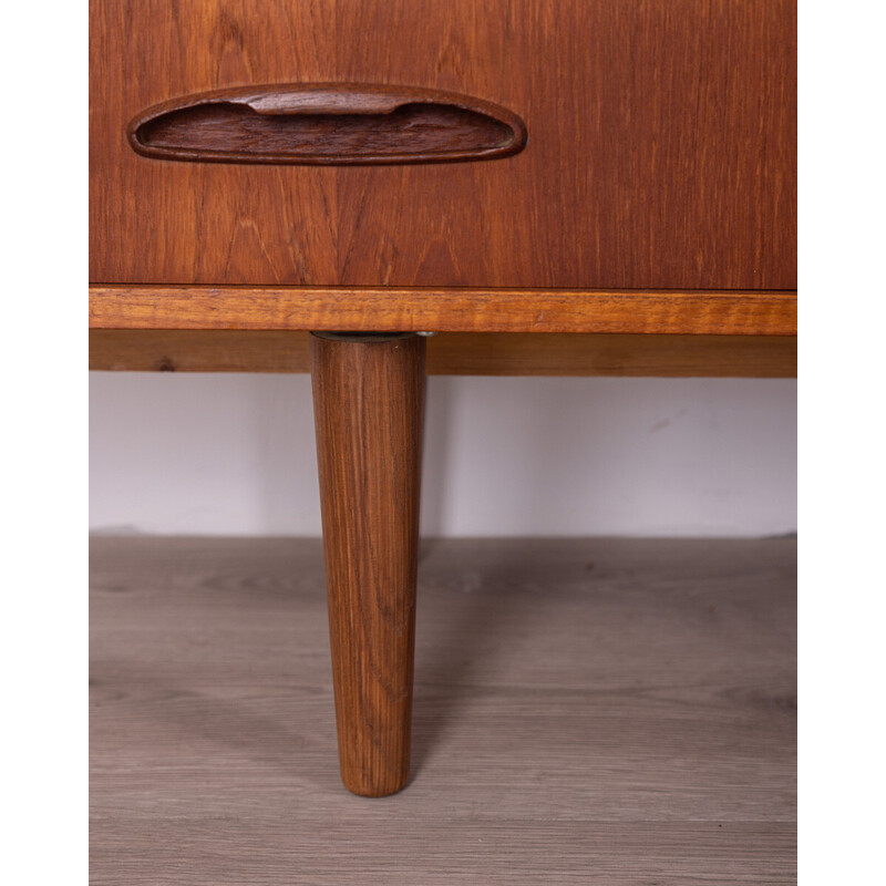 Vintage teak wood sideboard with five drawers and four sliding doors