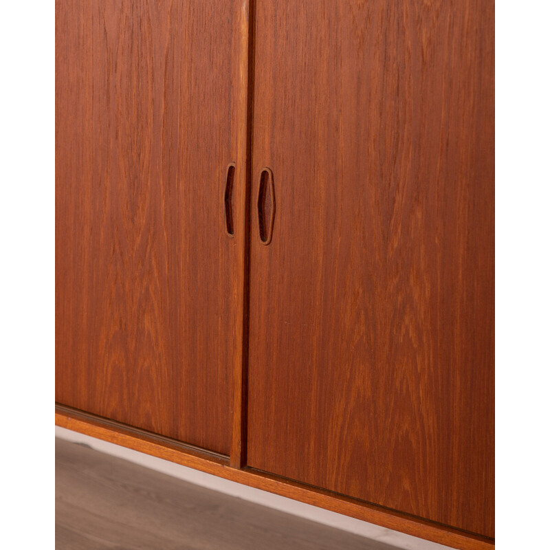 Vintage teak wood sideboard with five drawers and four sliding doors