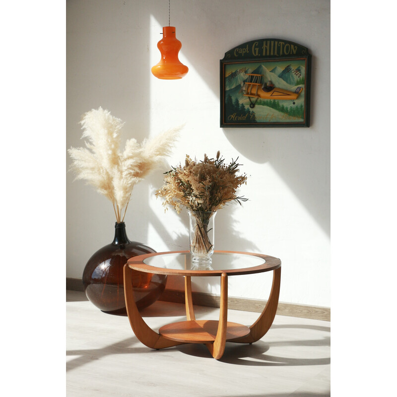 Table basse ronde vintage en bois et verre, 1960