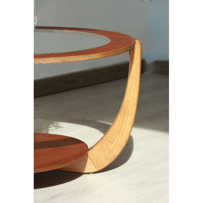 Vintage ronde houten en glazen salontafel, 1960