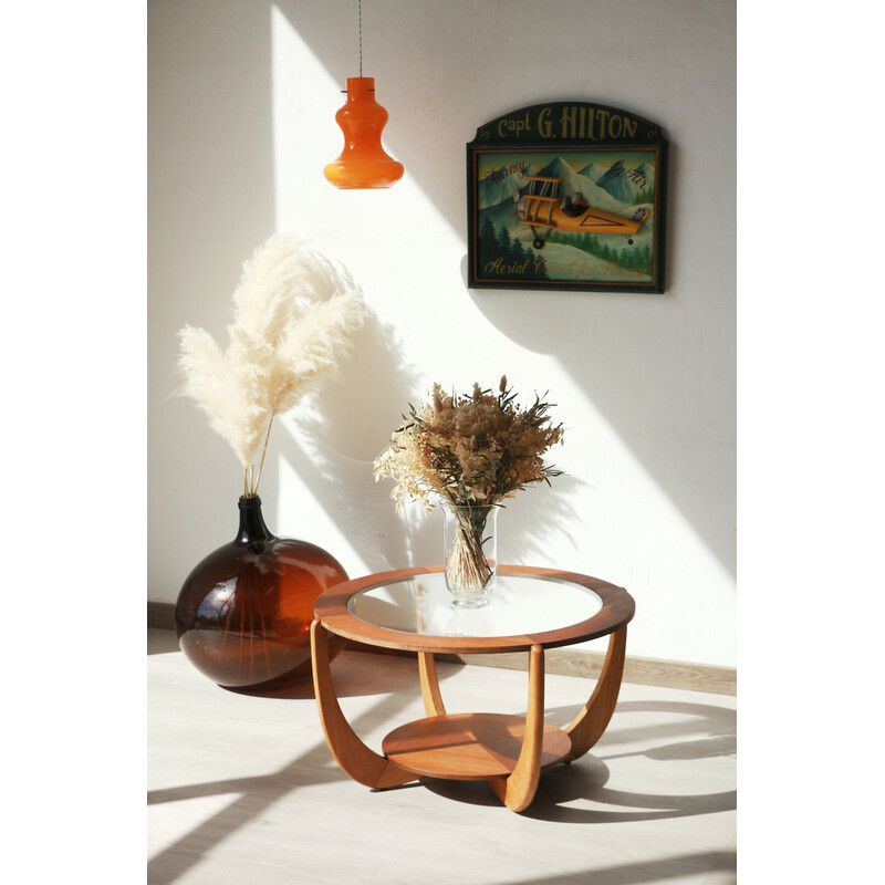 Table basse ronde vintage en bois et verre, 1960