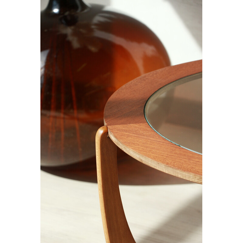 Table basse ronde vintage en bois et verre, 1960