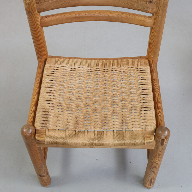 Set of 4 vintage dining chairs in pinewood and rattan by Lindebjerg, Denmark