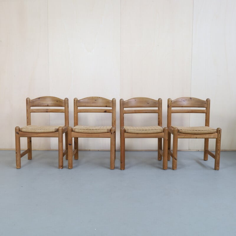 Set of 4 vintage dining chairs in pinewood and rattan by Lindebjerg, Denmark