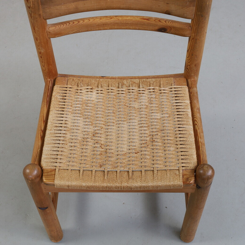 Conjunto de 4 cadeiras de jantar vintage em pinewood e rattan por Lindebjerg, Dinamarca