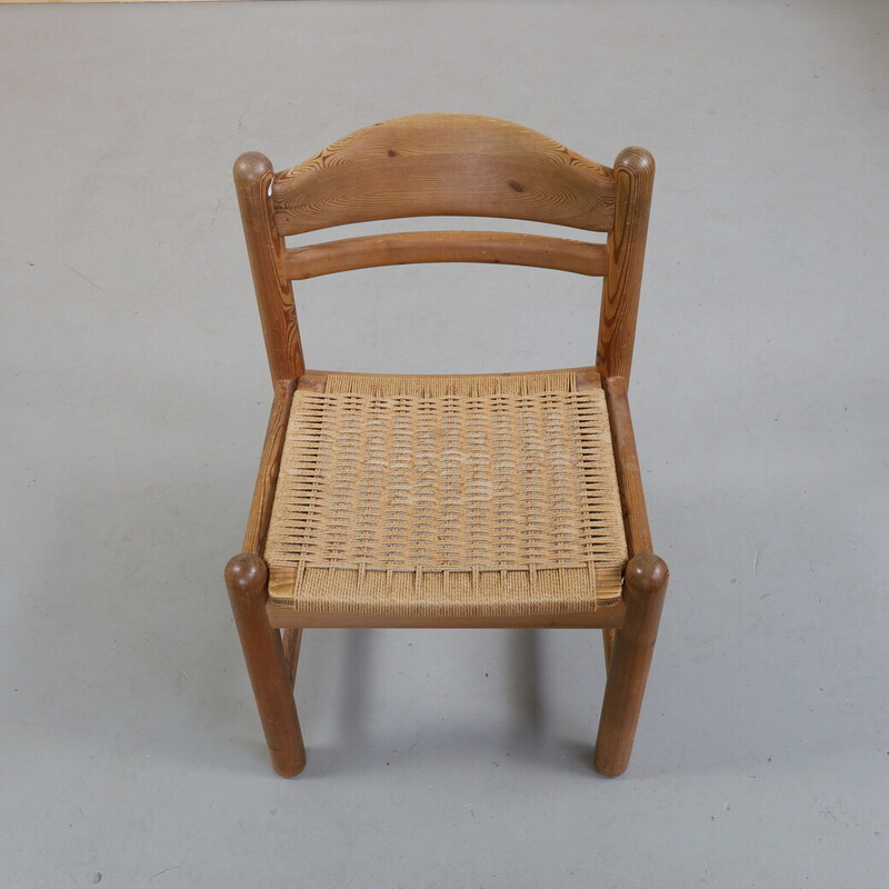 Set of 4 vintage dining chairs in pinewood and rattan by Lindebjerg, Denmark