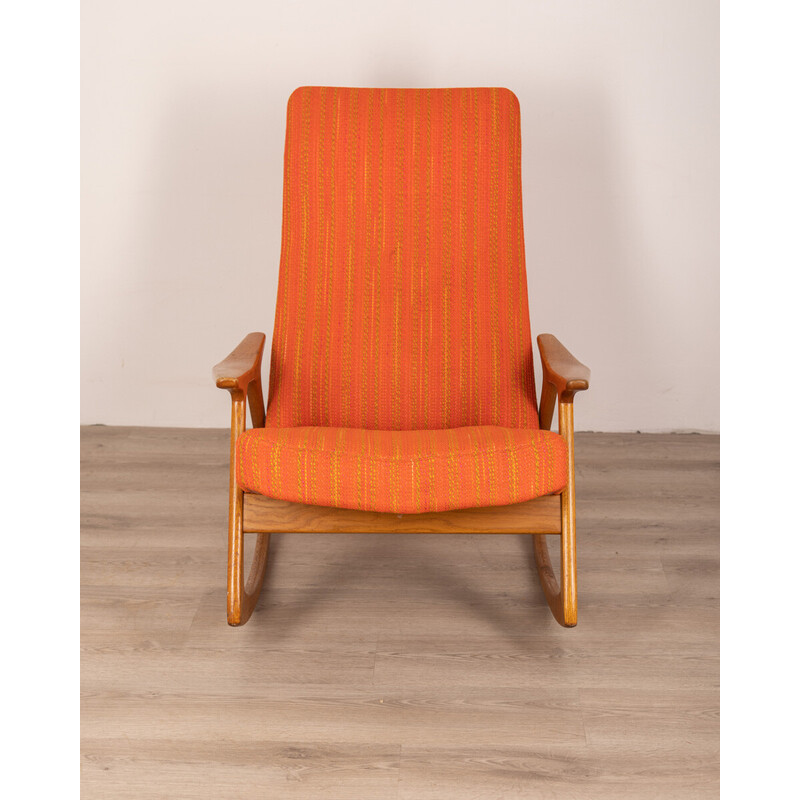 Cadeira de baloiço Vintage com estrutura em madeira de teca e tecido, anos 60