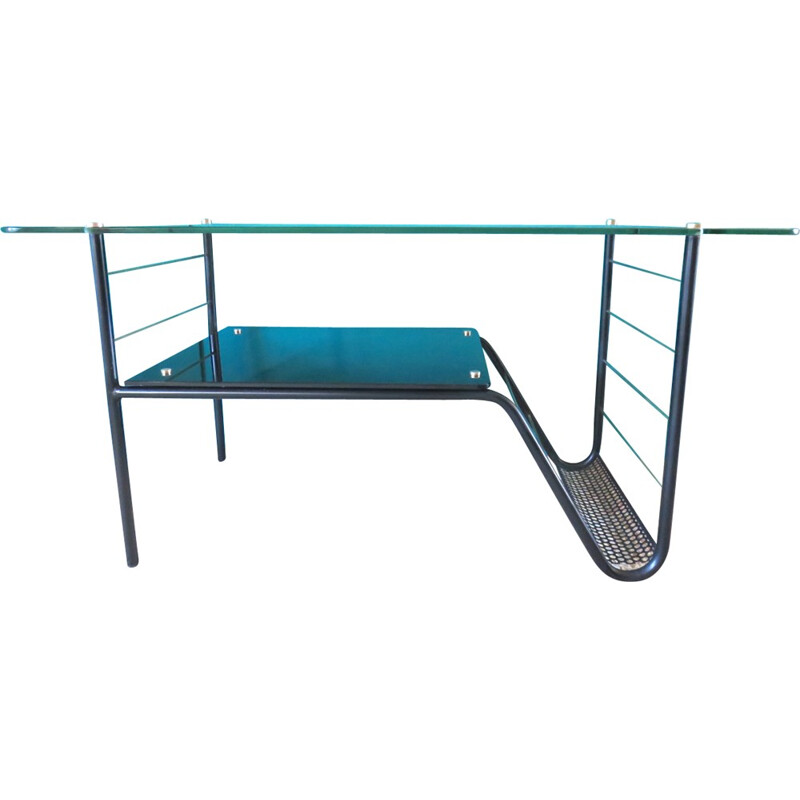 Vintage steel tube table with glass and magazine rack, 1950