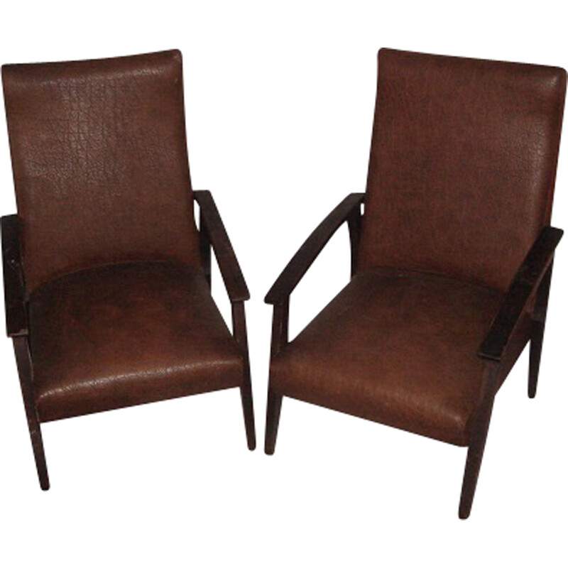 Pair of vintage armchairs in skai and wood, 1950-1960