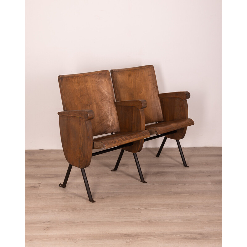 Pair of vintage cinema chairs in wood and metal, 1960