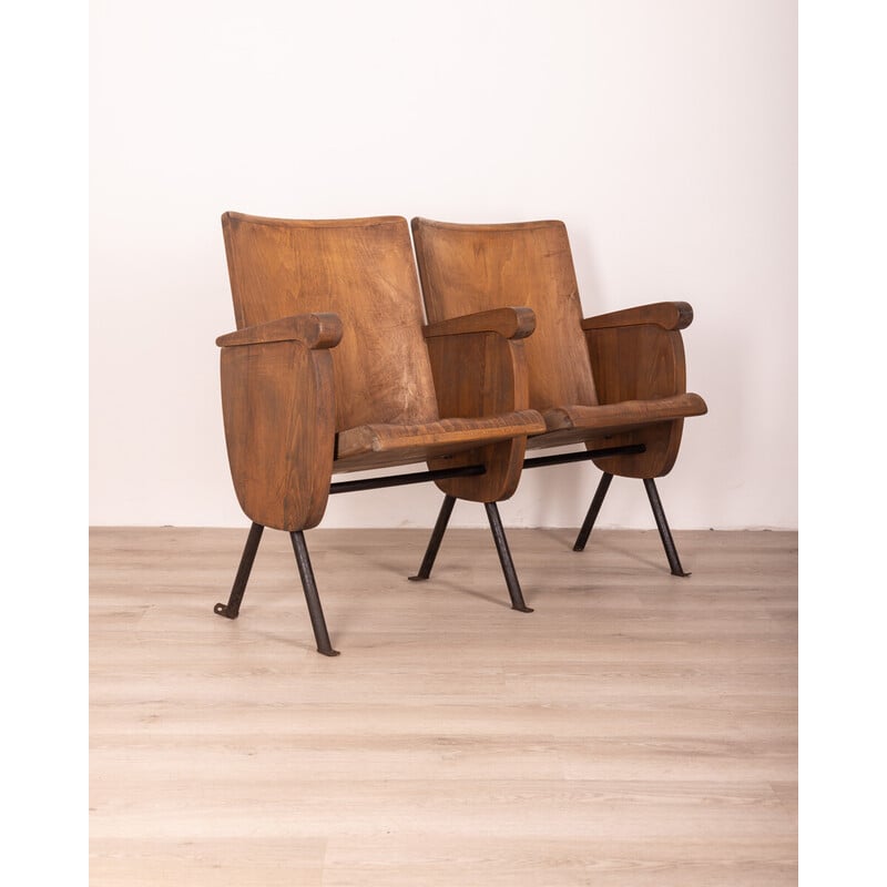 Paire de fauteuils de cinéma vintage en bois et métal, 1960