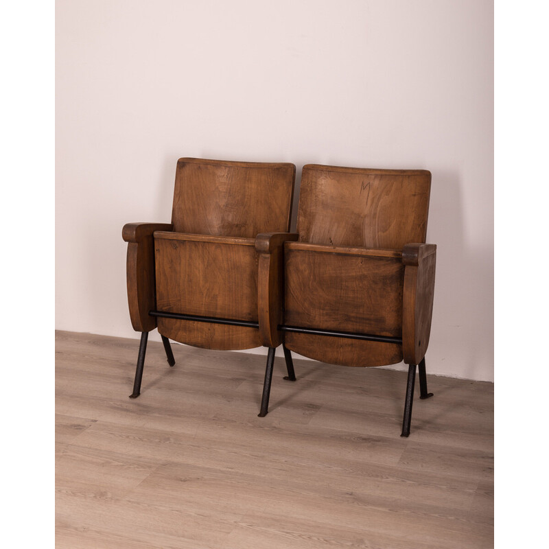 Paire de fauteuils de cinéma vintage en bois et métal, 1960