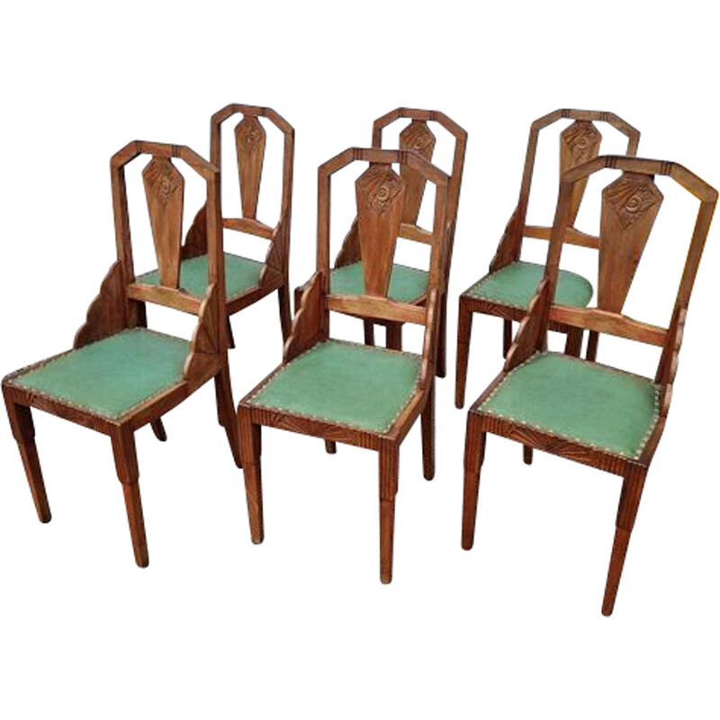 Set van 6 vintage Art Nouveau stoelen in hout en skai, 1910