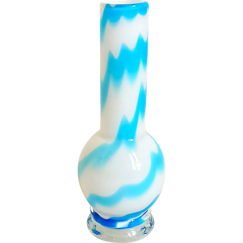 Vintage white and sky blue Murano glass vase by Carlo Moretti, 1970