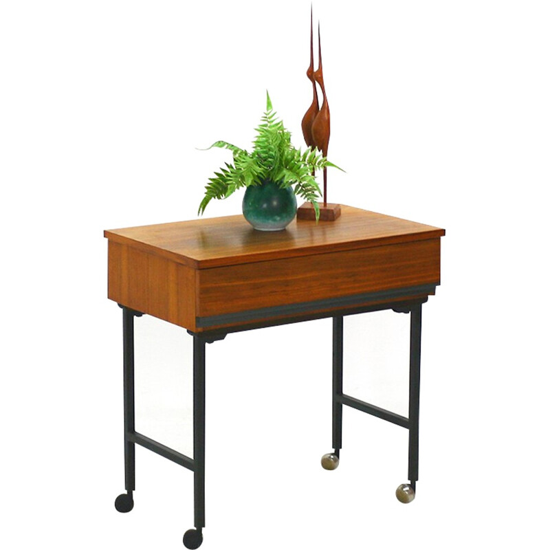 Mid-Century Modern walnut side table on wheels - 1960