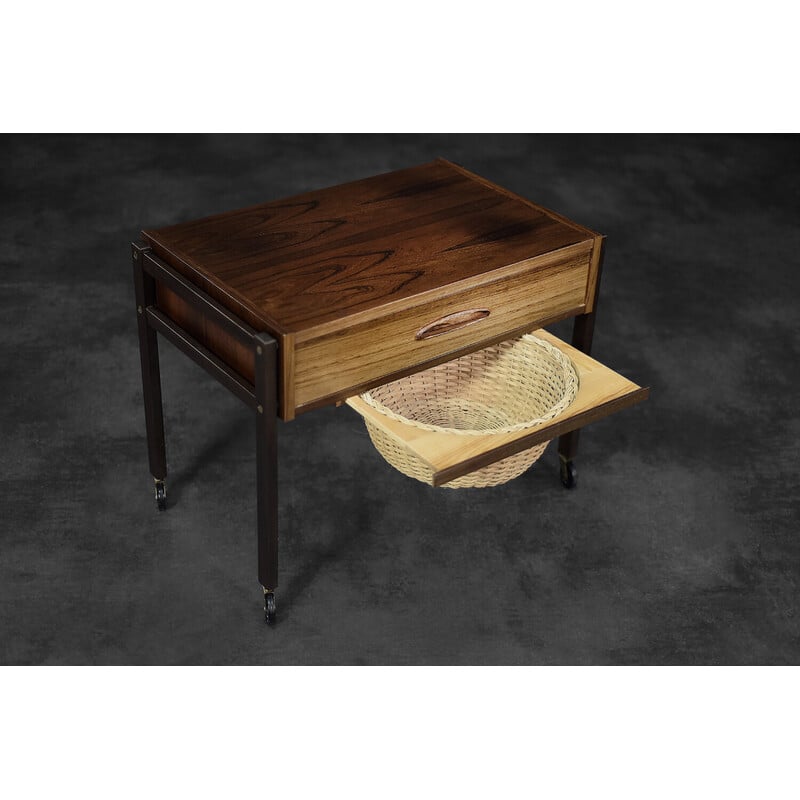 Vintage Danish rosewood thread side table with wicker basket, 1960s