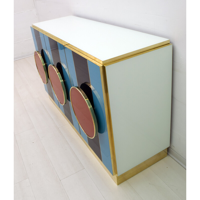 Credenza italiana vintage postmoderna in vetro colorato e ottone, anni '80