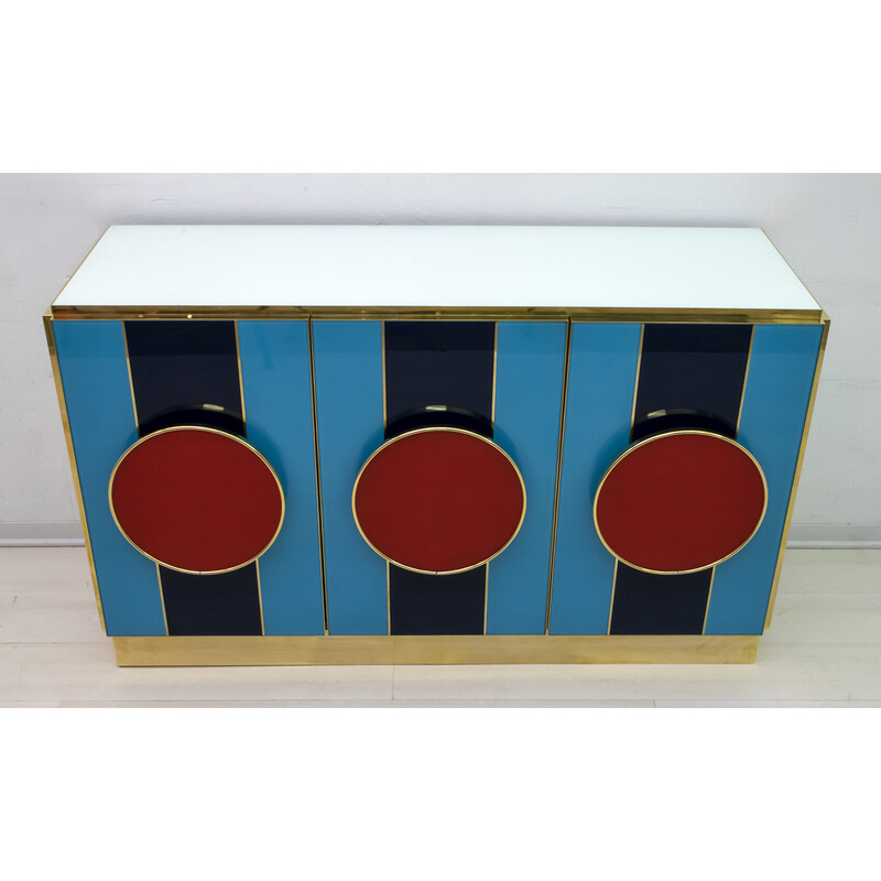 Vintage Postmodern Italian sideboard in colored glass and brass, 1980s