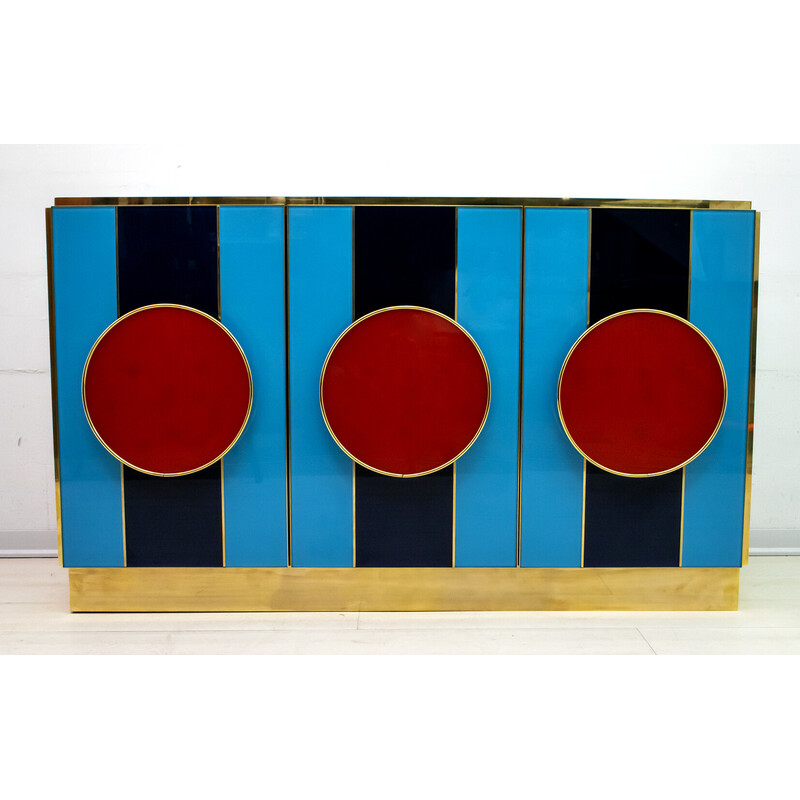 Vintage Postmodern Italian sideboard in colored glass and brass, 1980s