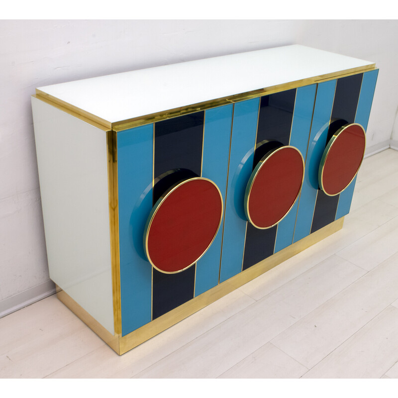 Vintage Postmodern Italian sideboard in colored glass and brass, 1980s