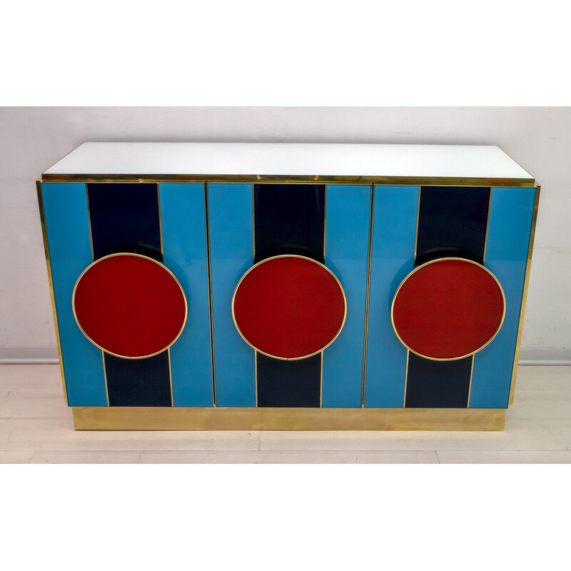 Vintage Postmodern Italian sideboard in colored glass and brass, 1980s