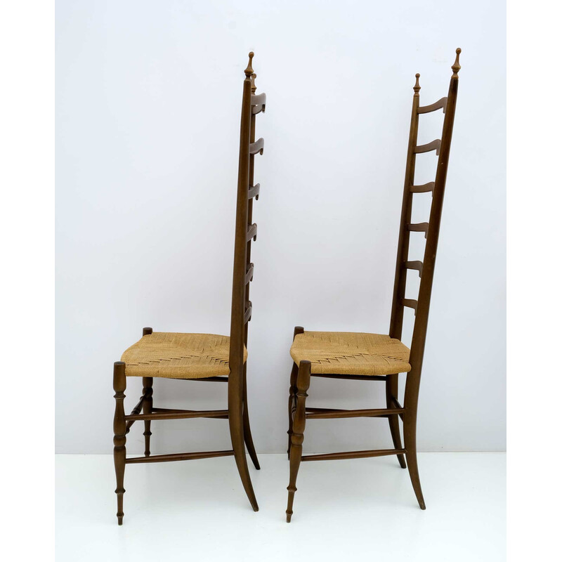 Pair of vintage wood Italian chairs with ladder high back by Paolo Buffa Chiavari, 1950s