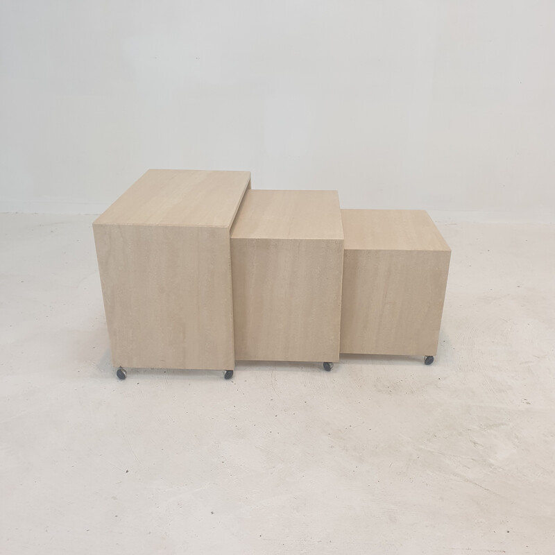 Set of 3 vintage Italian travertine nesting tables, 1980s