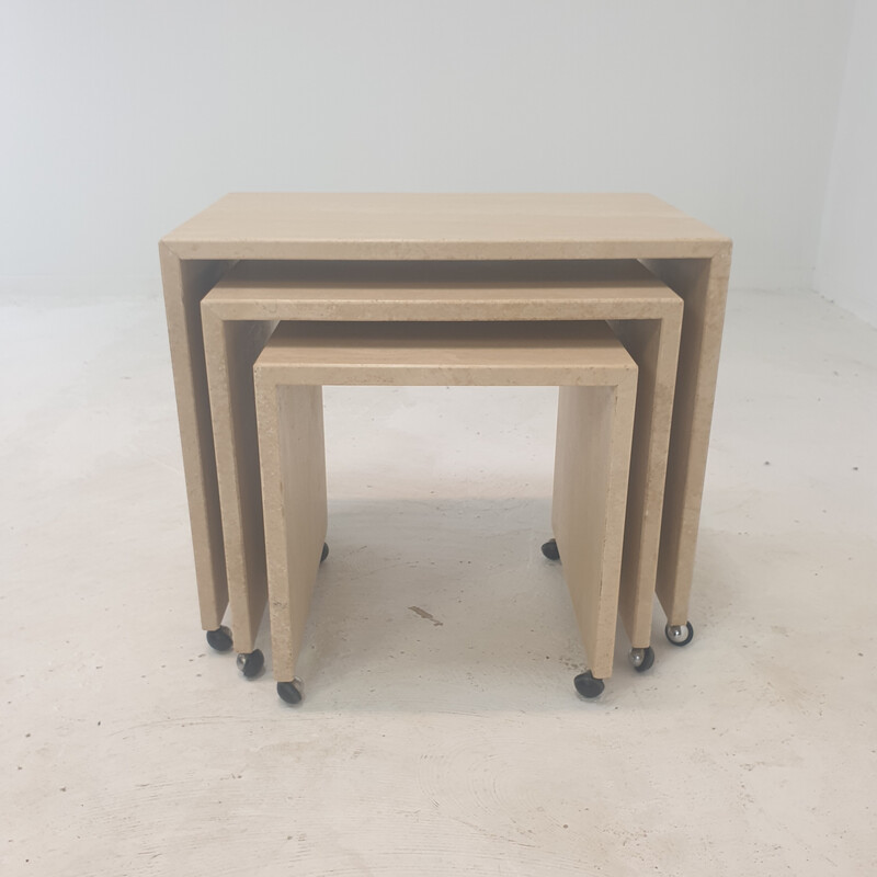 Set of 3 vintage Italian travertine nesting tables, 1980s