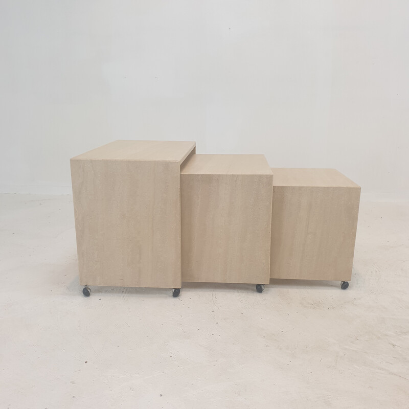 Set of 3 vintage Italian travertine nesting tables, 1980s