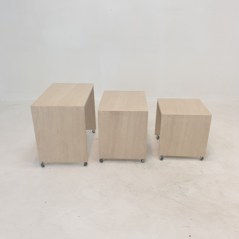 Set of 3 vintage Italian travertine nesting tables, 1980s