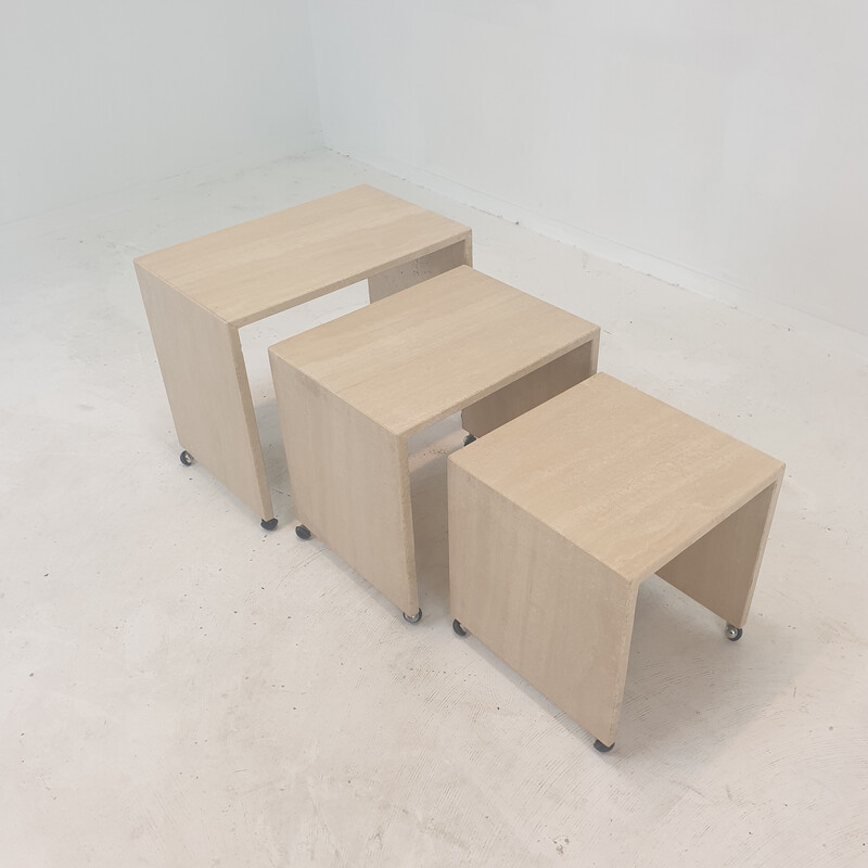 Set of 3 vintage Italian travertine nesting tables, 1980s