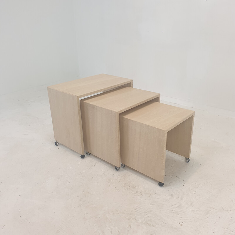 Set of 3 vintage Italian travertine nesting tables, 1980s