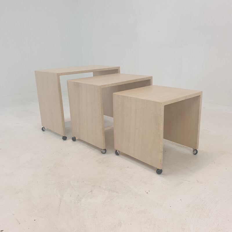 Set of 3 vintage Italian travertine nesting tables, 1980s